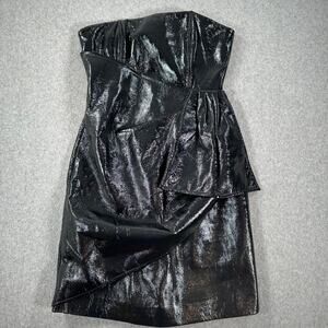 Misha Strapless Ellie Mini Dress Womens 4 Black Faux Patent Leather Corset Drape
